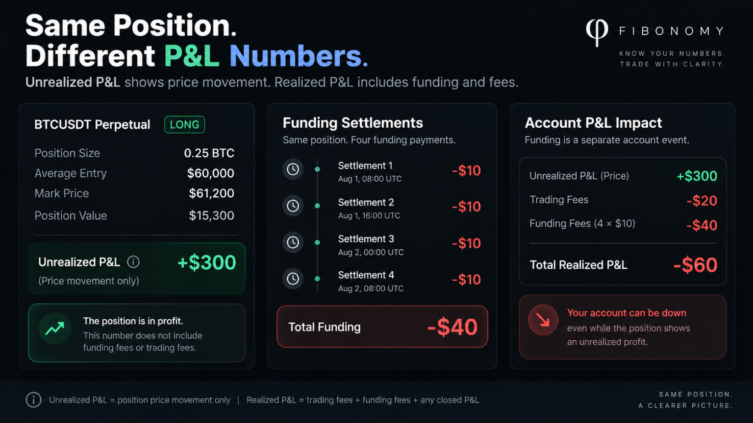 Unrealized P&L versus realized funding showing a BTCUSDT position with +$300 unrealized profit while four funding settlements and trading fees create -$60 realized P&L.